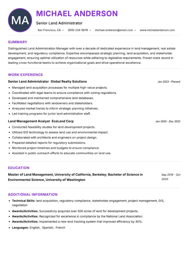 Land Administration Manager resume example
