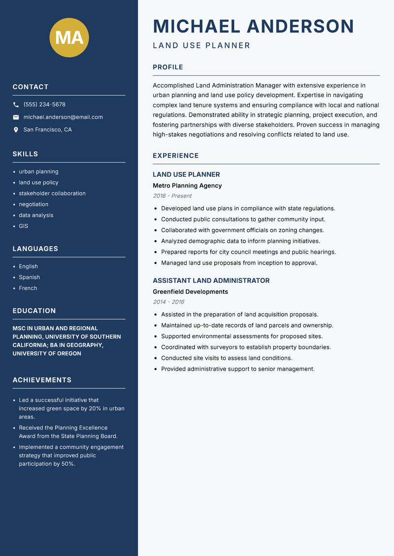 Land Administration Manager resume sample — Land Use Planner focus