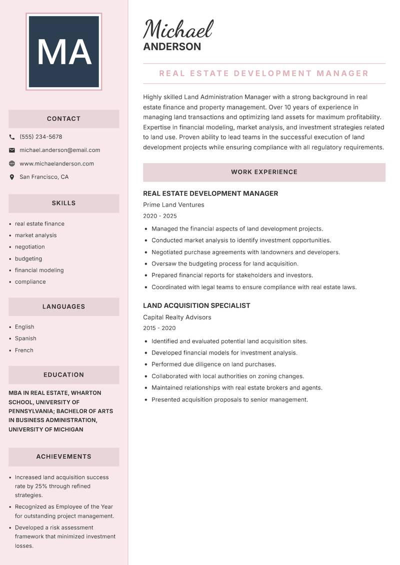 Land Administration Manager resume sample — Real Estate Development Manager focus