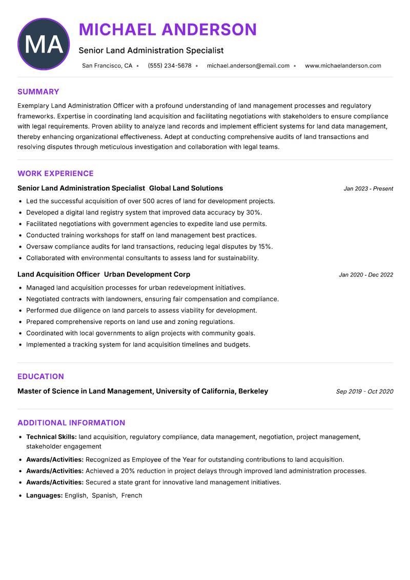 Land Administration Officer resume example
