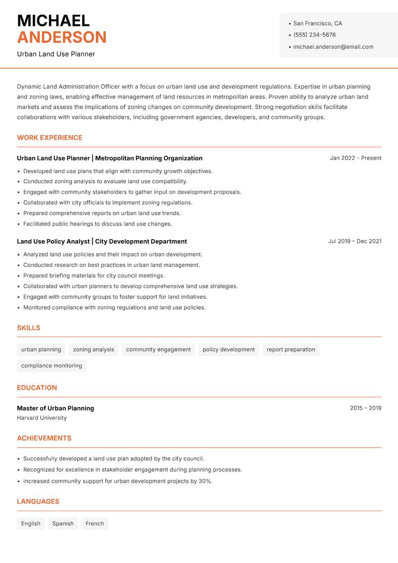 Land Administration Officer resume sample — Urban Land Use Planner focus