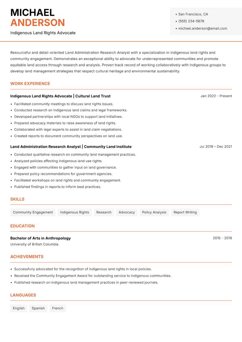 Land Administration Research Analyst resume sample — Indigenous Land Rights Advocate focus