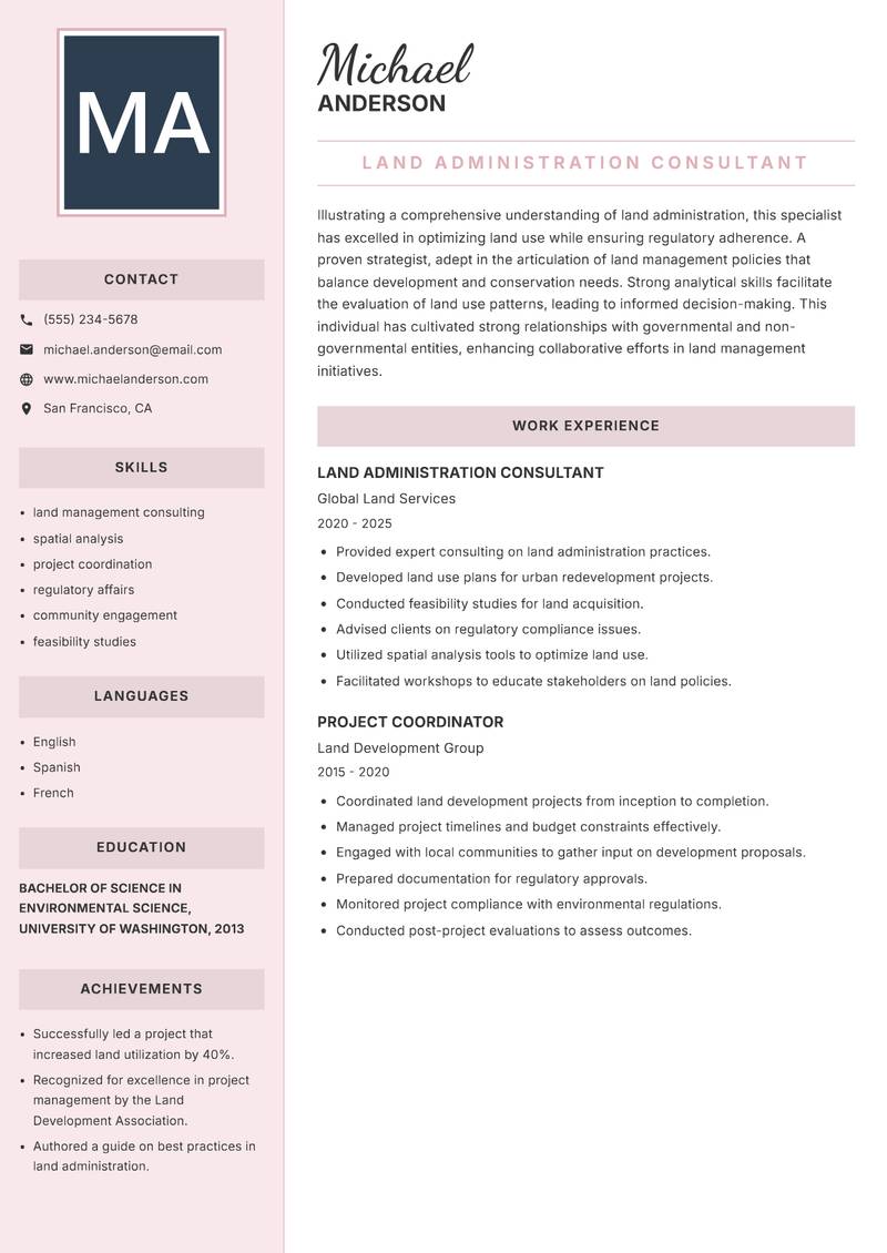 Land Administration Specialist resume sample — Land Administration Consultant focus