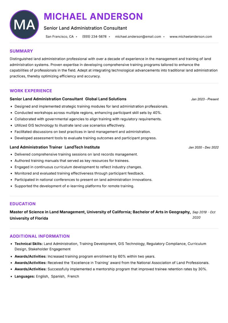 Land Administration Trainer resume example