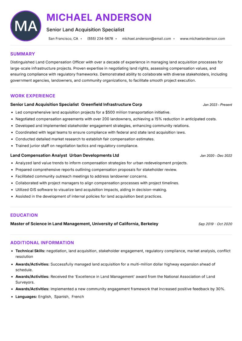 Land Compensation Officer resume example