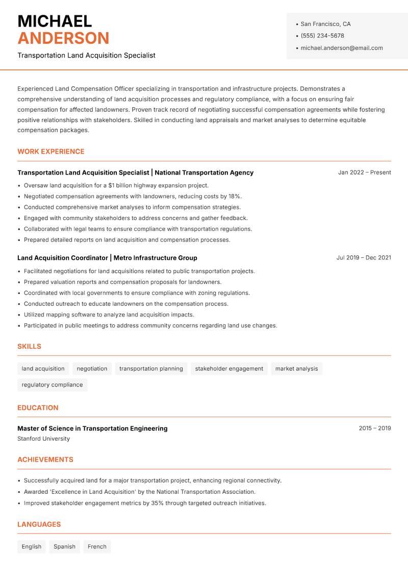 Land Compensation Officer resume sample — Transportation Land Acquisition Specialist focus