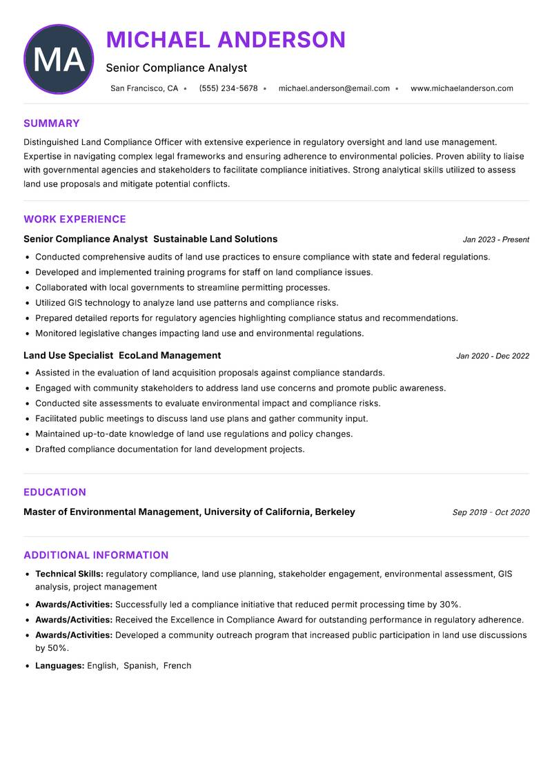Land Compliance Officer resume example