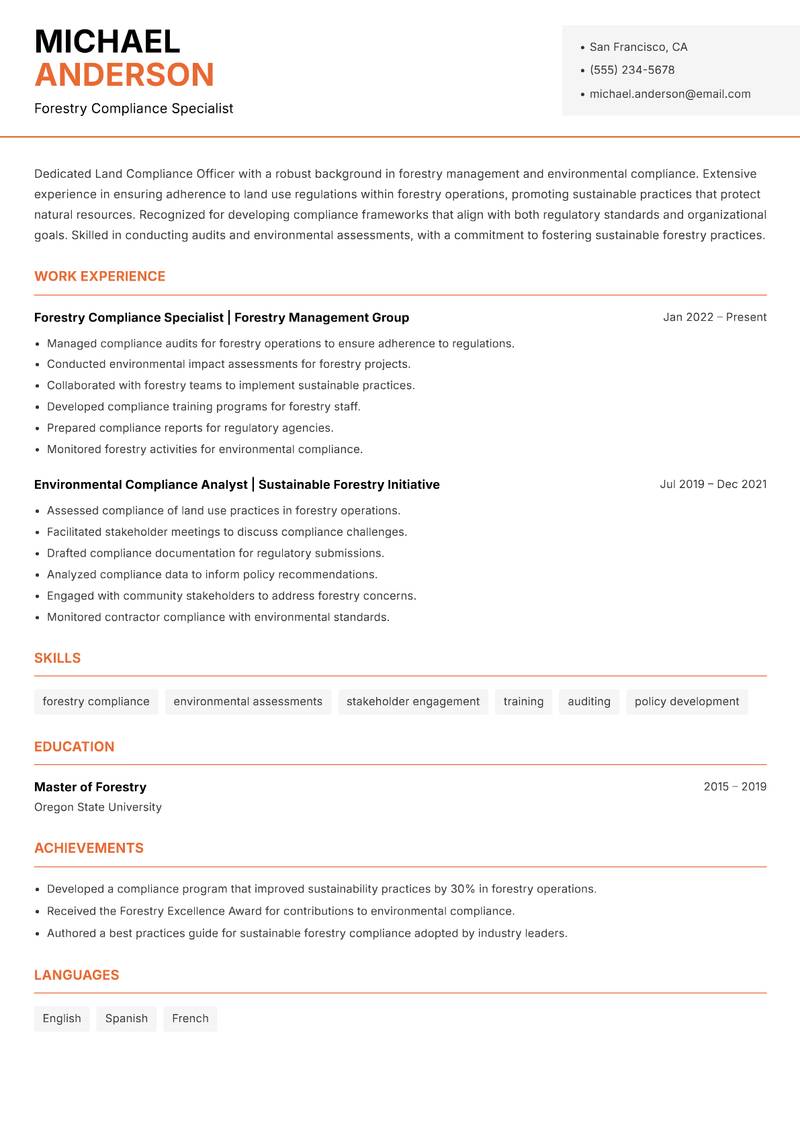 Land Compliance Officer resume sample — Forestry Compliance Specialist focus
