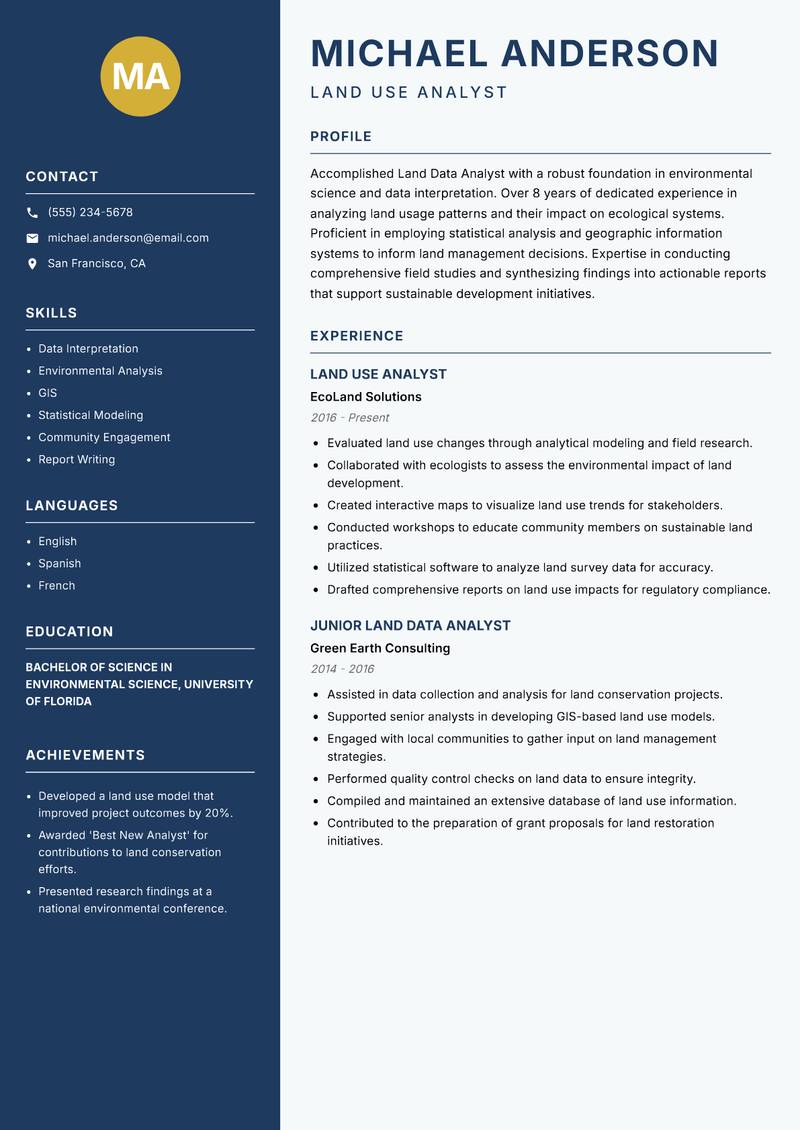 Land Data Analyst resume sample — Land Use Analyst focus