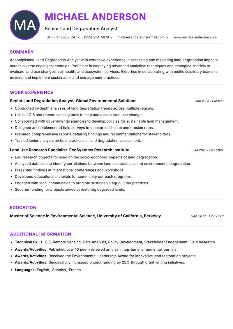 Land Degradation Analyst resume example