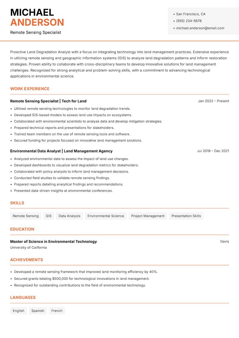 Land Degradation Analyst resume sample — Remote Sensing Specialist focus