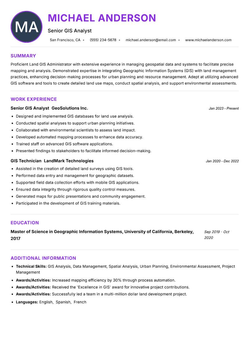 Land GIS Administrator resume example