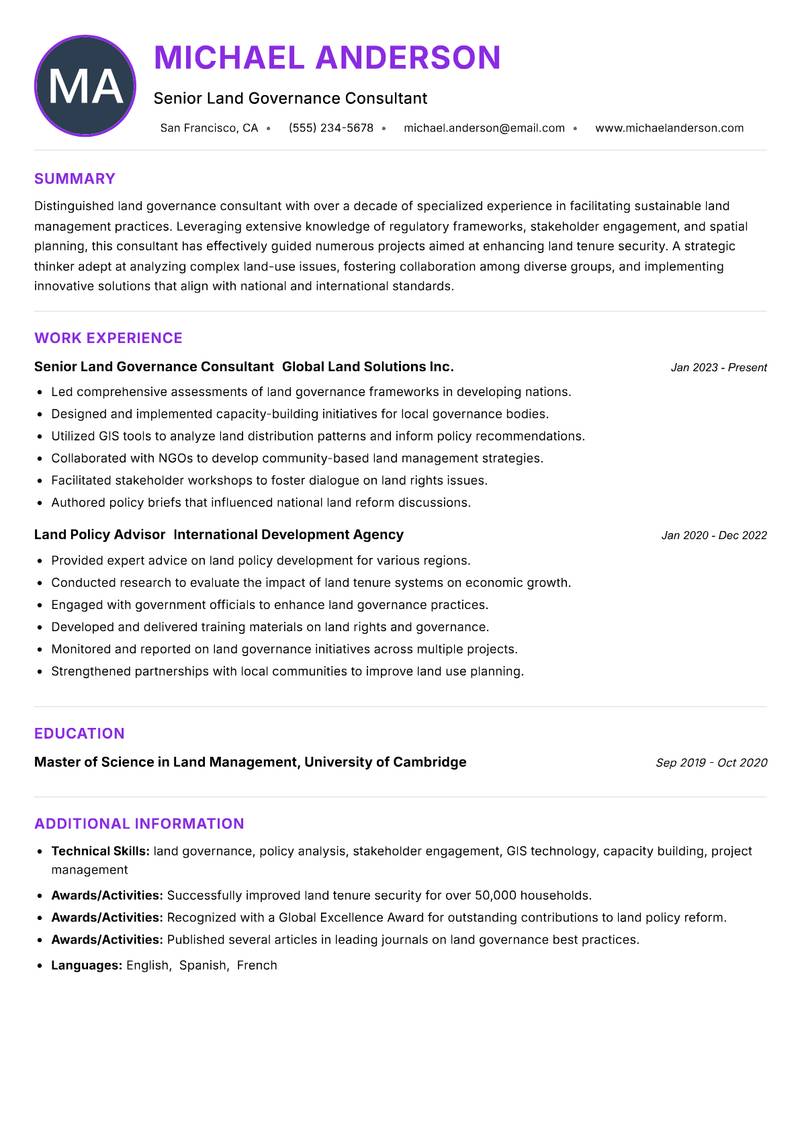 Land Governance Consultant resume example