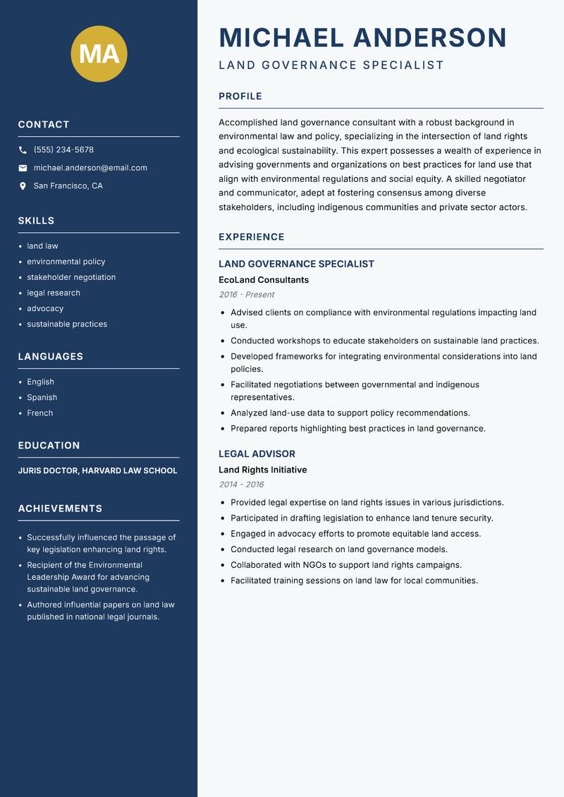 Land Governance Consultant resume sample — Land Governance Specialist focus