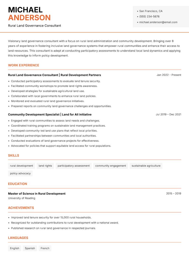 Land Governance Consultant resume sample — Rural Land Governance Consultant focus