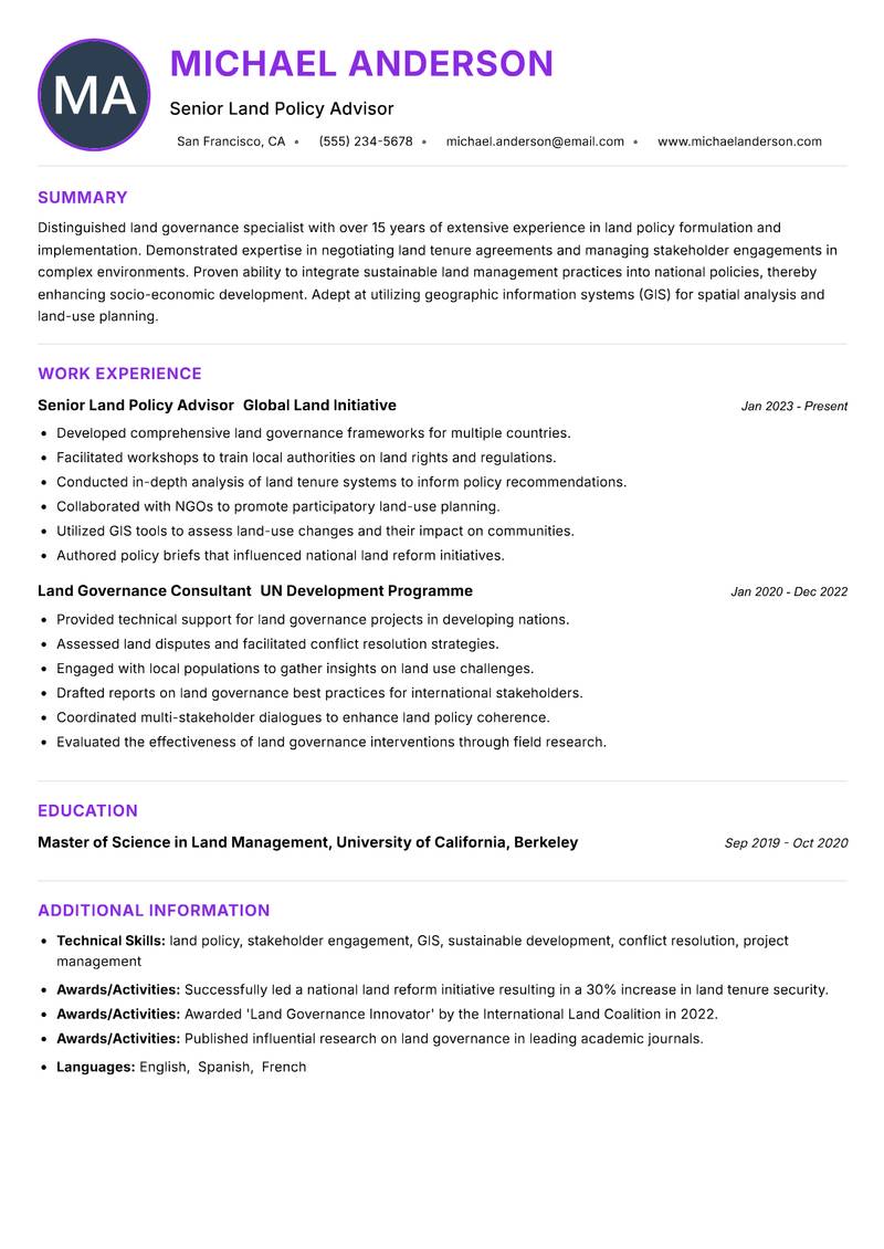 Land Governance Specialist resume example