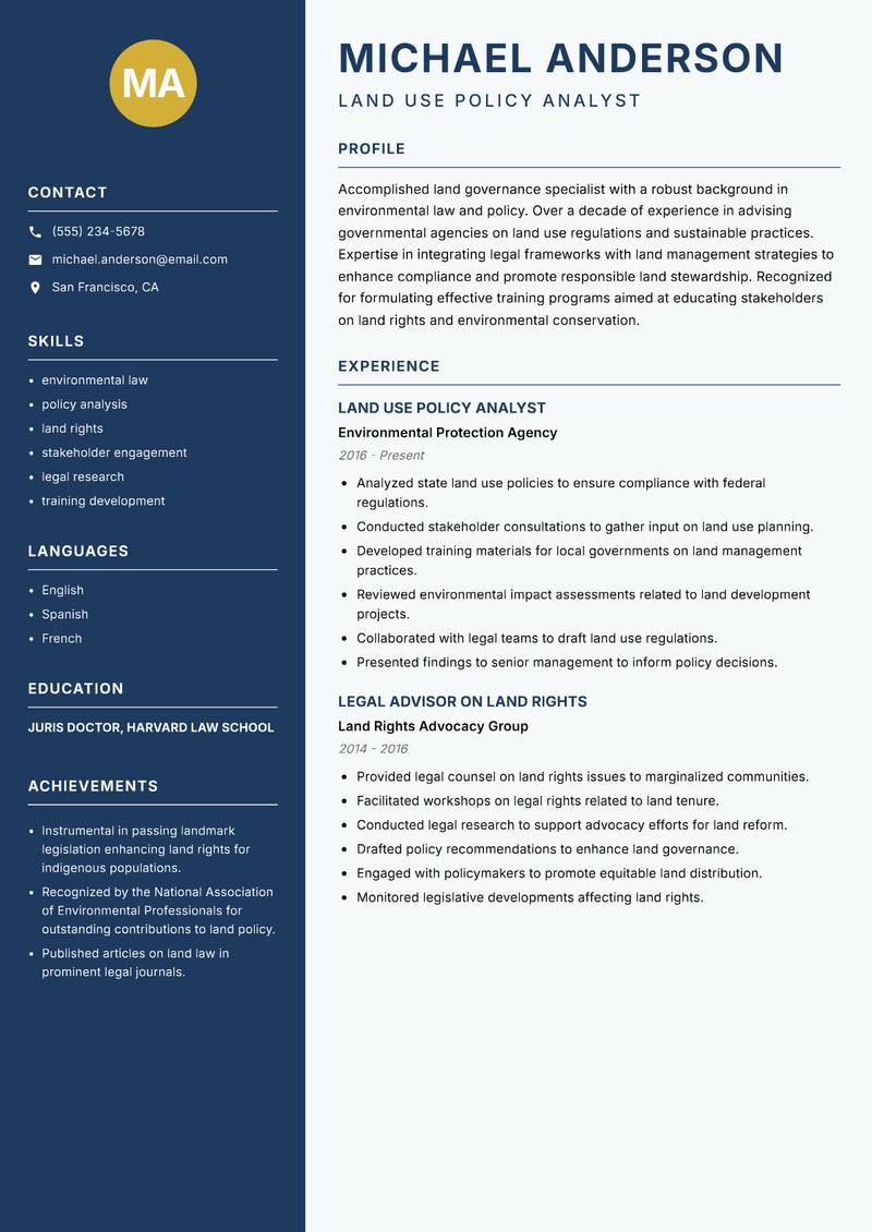 Land Governance Specialist resume sample — Land Use Policy Analyst focus