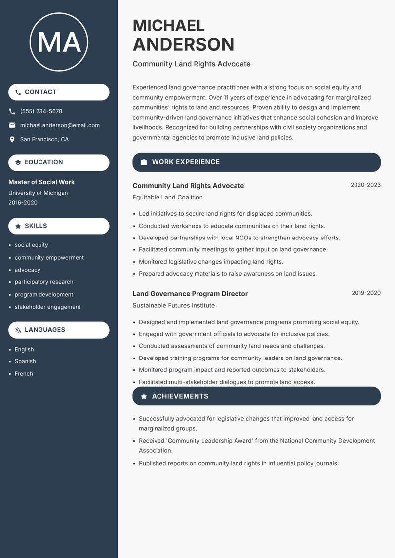 Land Governance Specialist resume sample — Community Land Rights Advocate focus