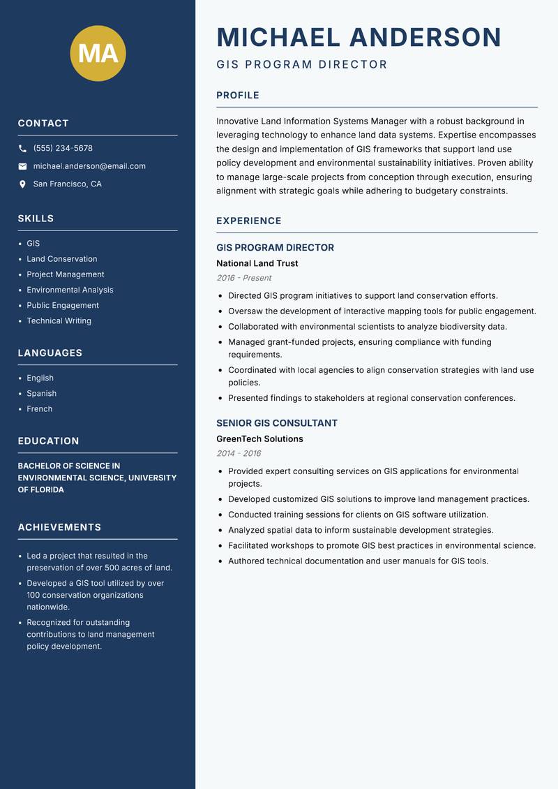 Land Information Systems Manager resume sample — GIS Program Director focus