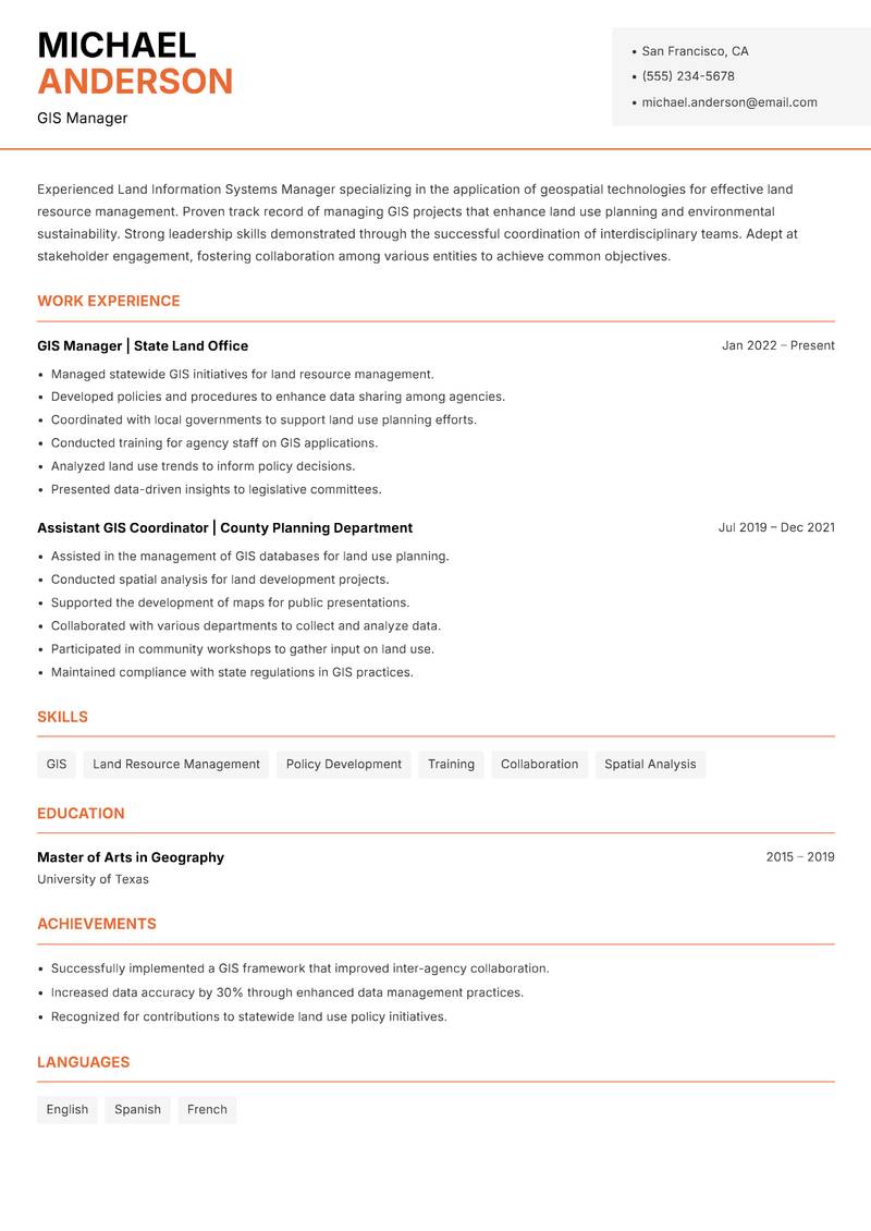 Land Information Systems Manager resume sample — GIS Manager focus