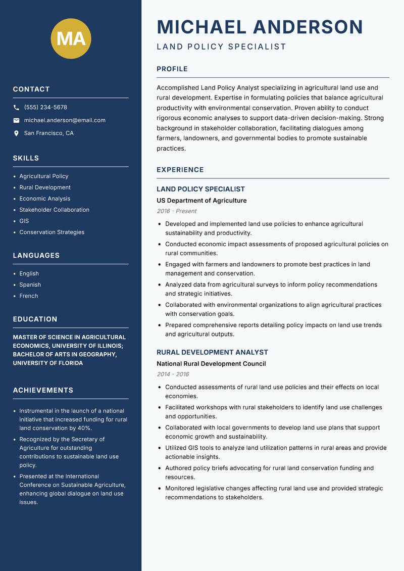 Land Policy Analyst resume sample — Land Policy Specialist focus