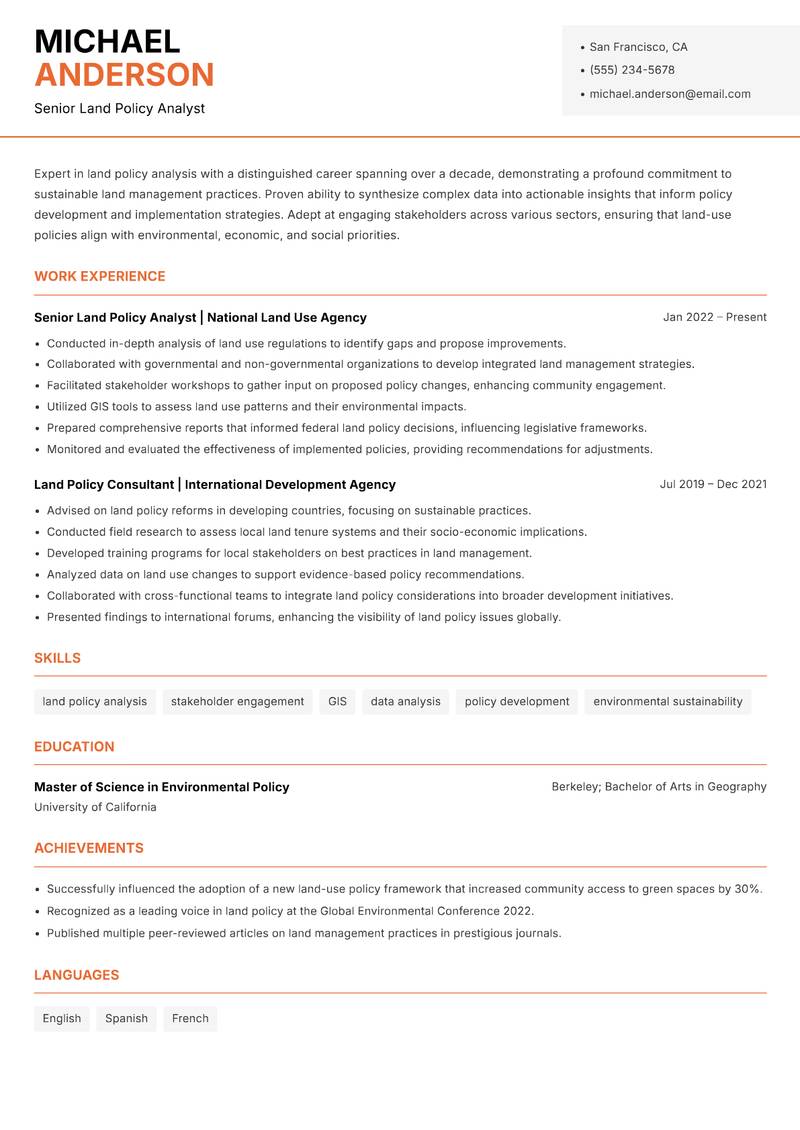 Land Policy Analyst resume sample — Senior Land Policy Analyst focus