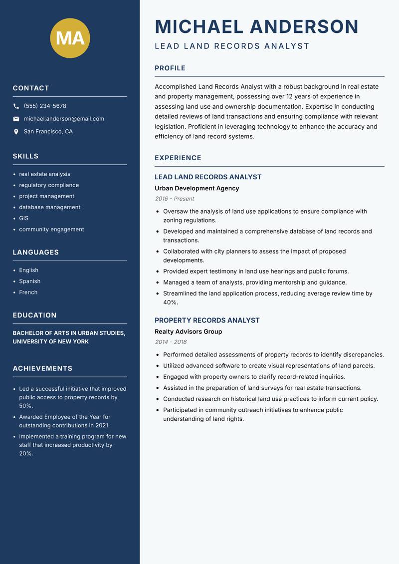 Land Records Analyst resume sample — Lead Land Records Analyst focus