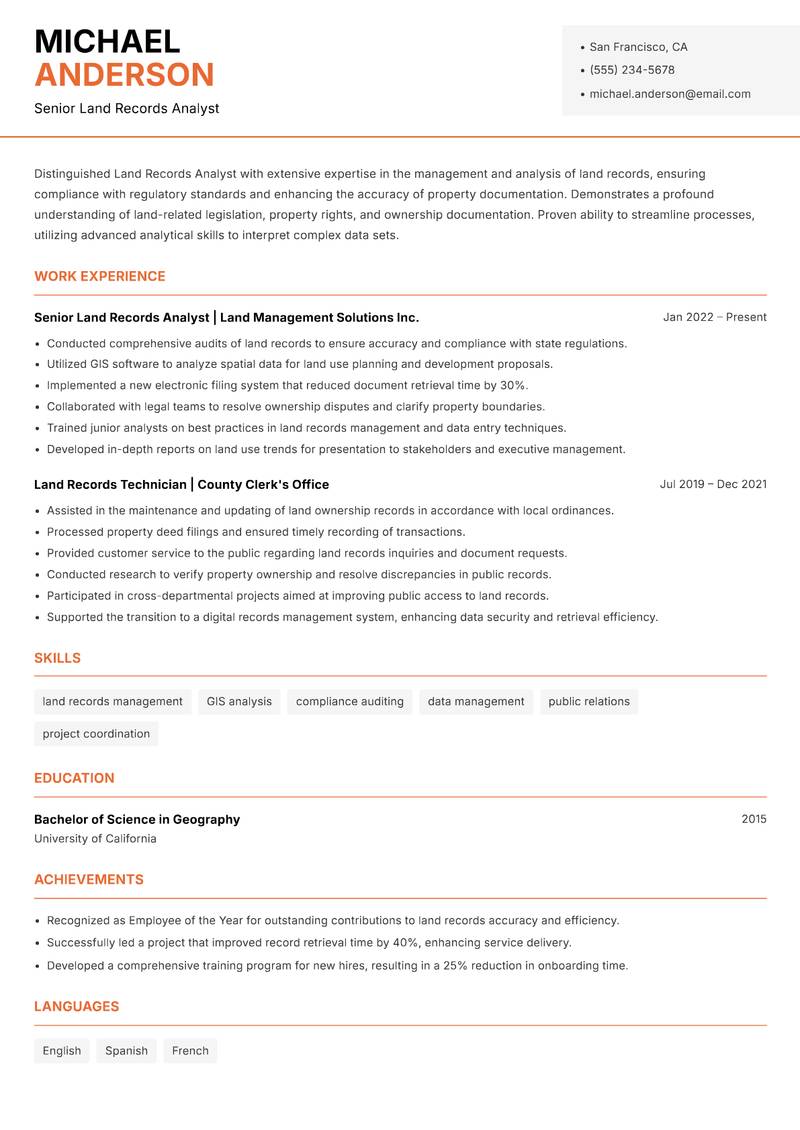 Land Records Analyst resume sample — Senior Land Records Analyst focus