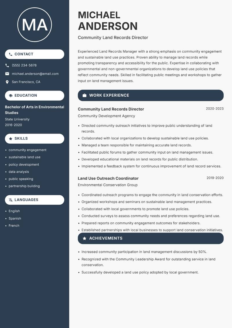 Land Records Manager resume sample — Community Land Records Director focus