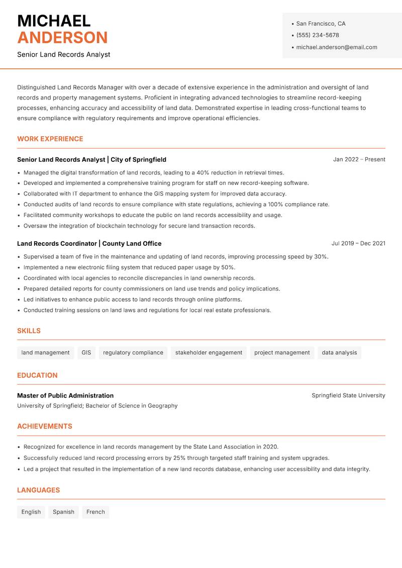 Land Records Manager resume sample — Senior Land Records Analyst focus