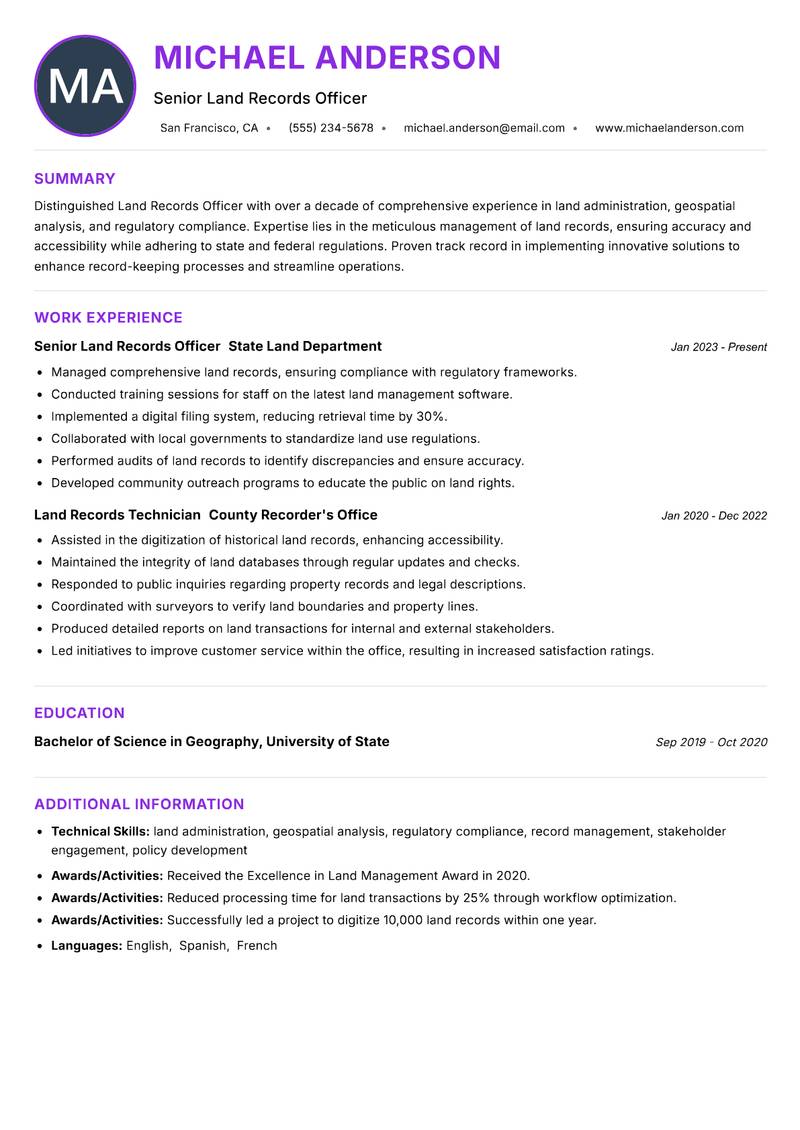 Land Records Officer resume example