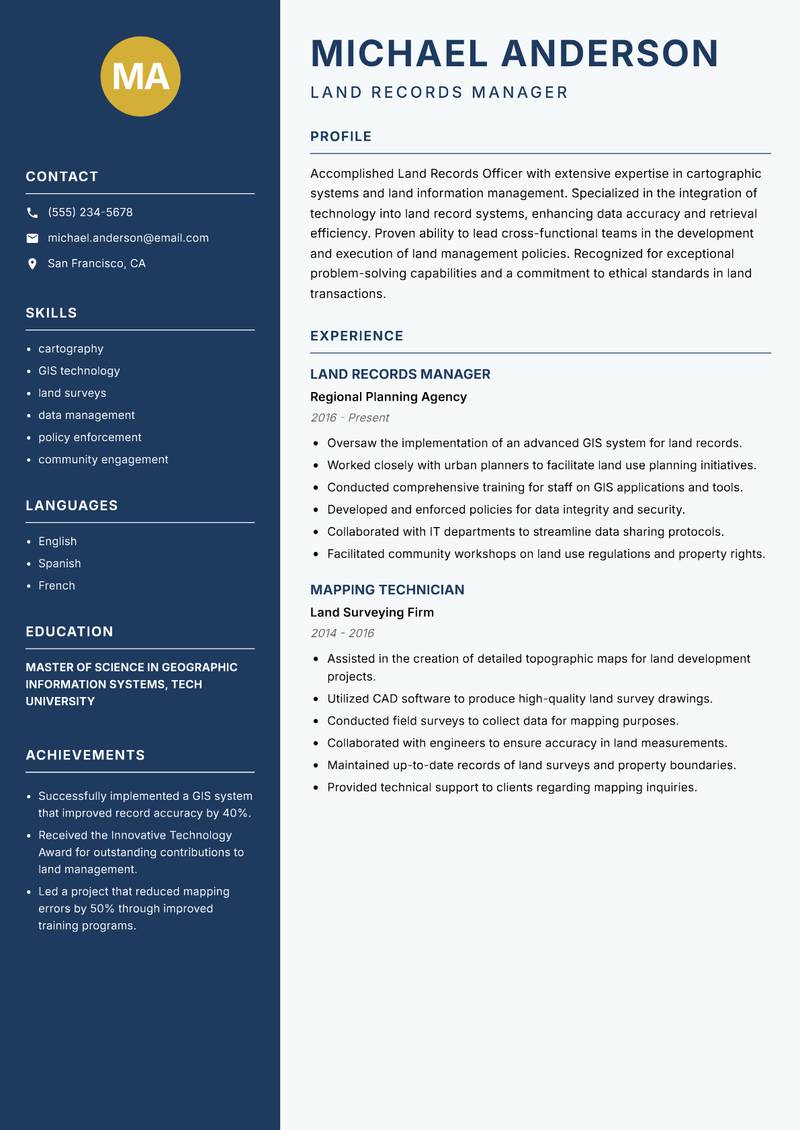 Land Records Officer resume sample — Land Records Manager focus
