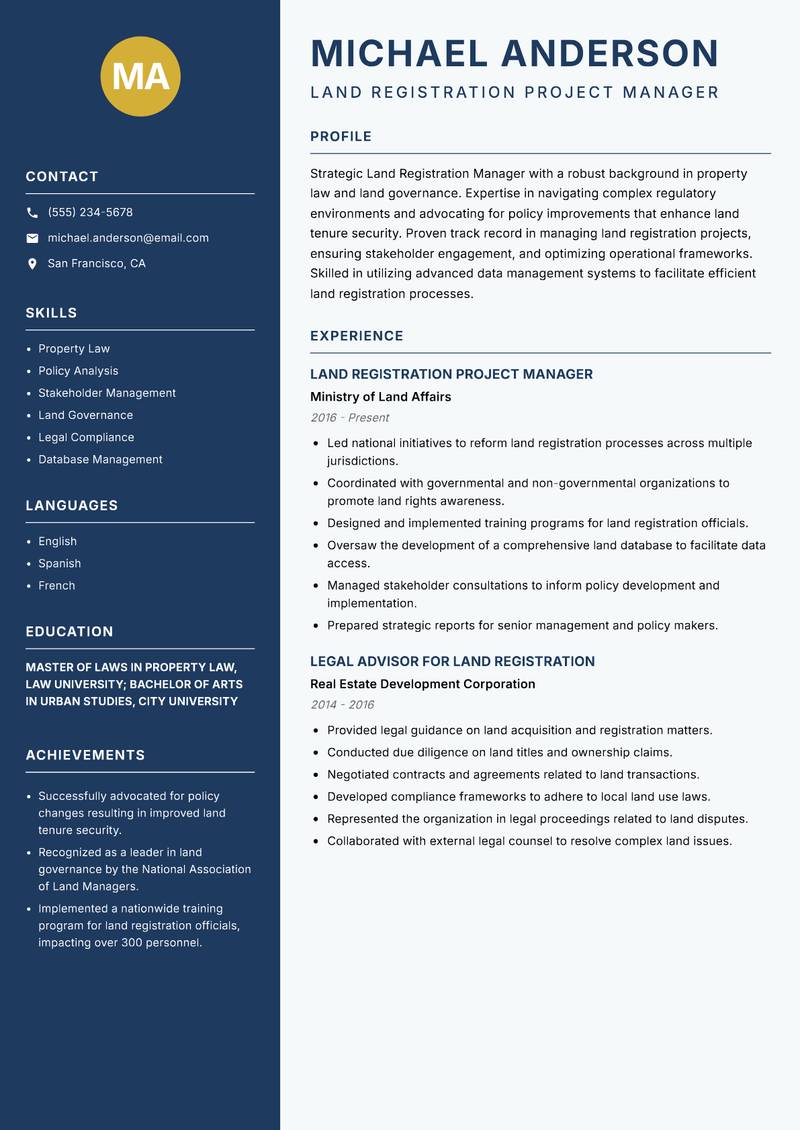 Land Registration Manager resume sample — Land Registration Project Manager focus
