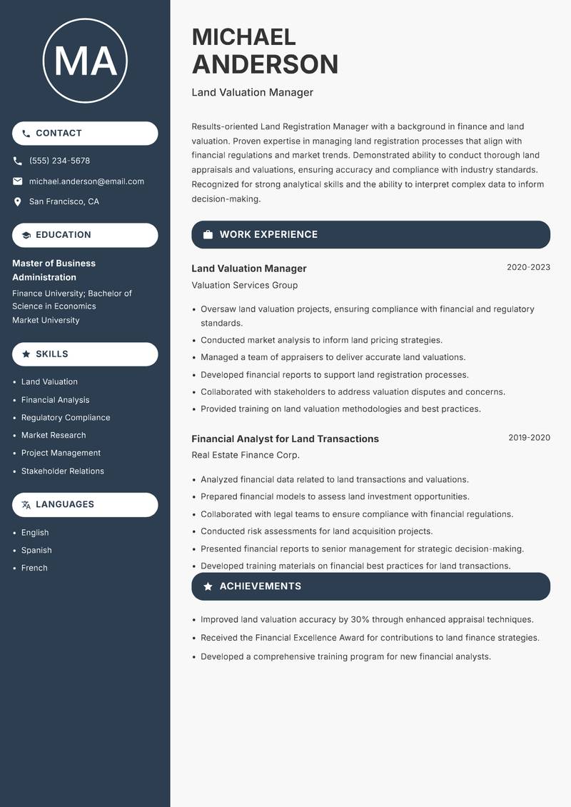 Land Registration Manager resume sample — Land Valuation Manager focus