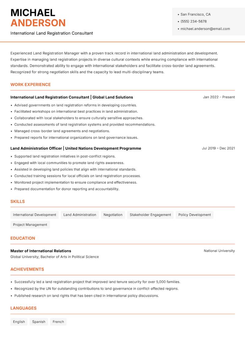 Land Registration Manager resume sample — International Land Registration Consultant focus