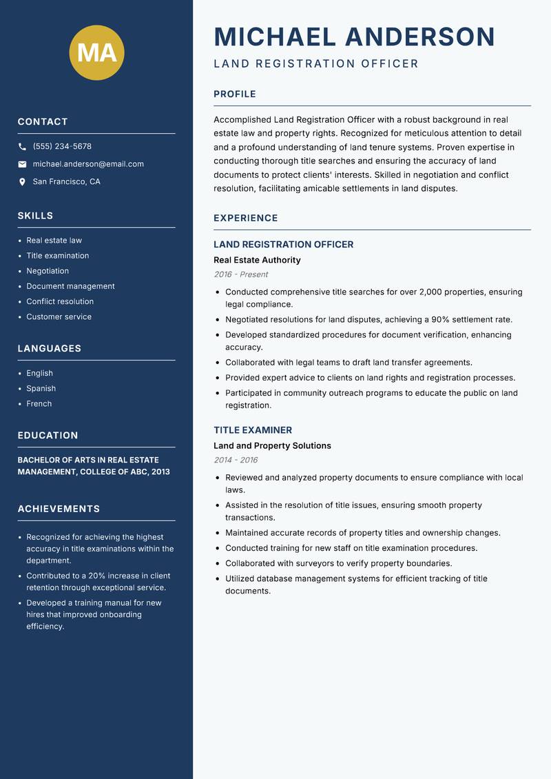 Land Registration Officer resume sample — Land Registration Officer focus