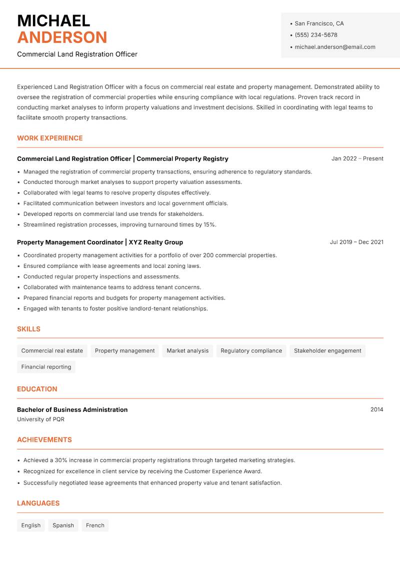 Land Registration Officer resume sample — Commercial Land Registration Officer focus