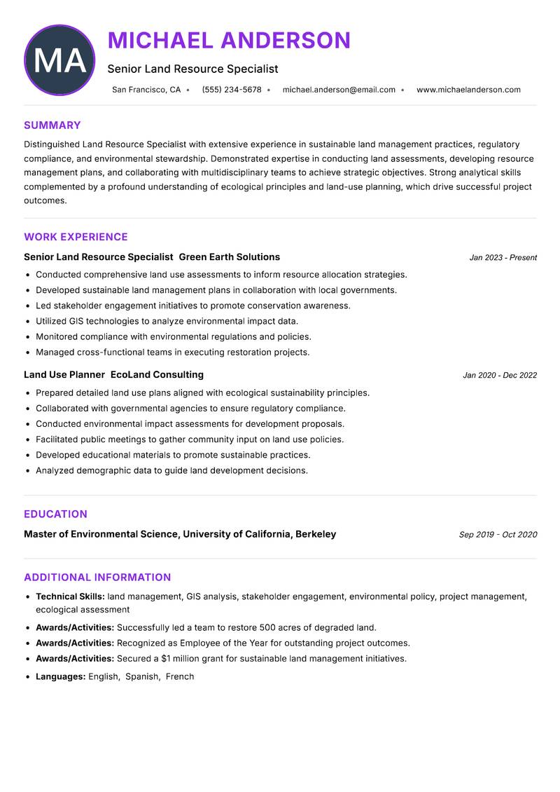 Land Resource Specialist resume example