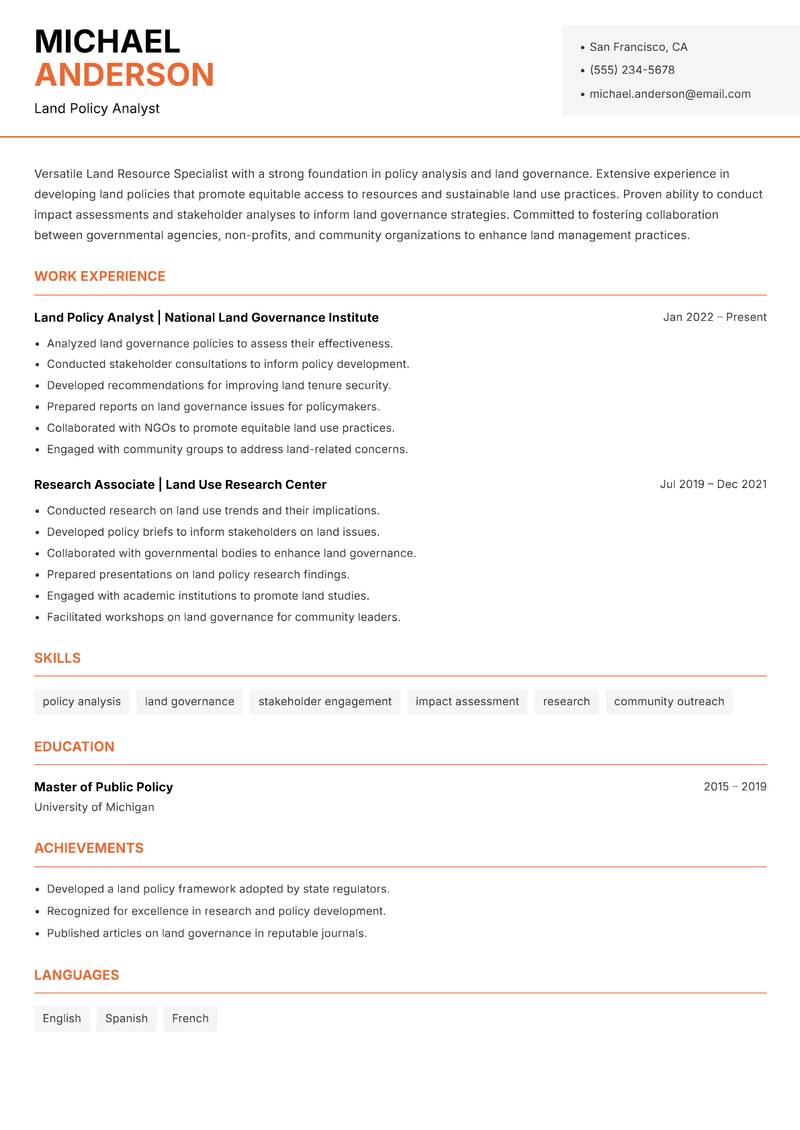 Land Resource Specialist resume sample — Land Policy Analyst focus