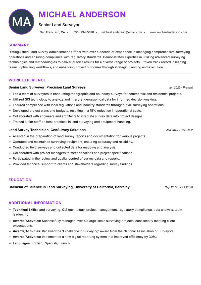 Land Survey Administration Officer resume example
