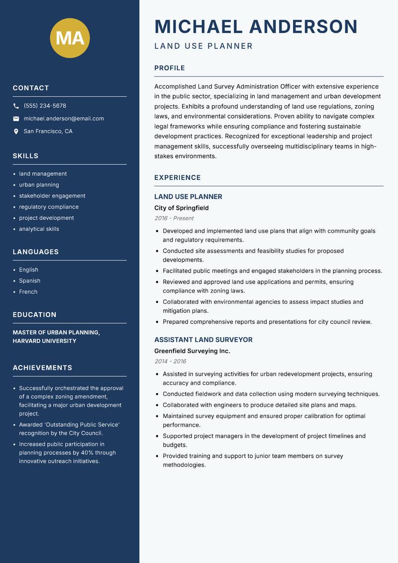 Land Survey Administration Officer resume sample — Land Use Planner focus