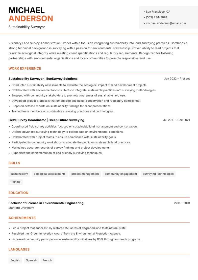 Land Survey Administration Officer resume sample — Sustainability Surveyor focus