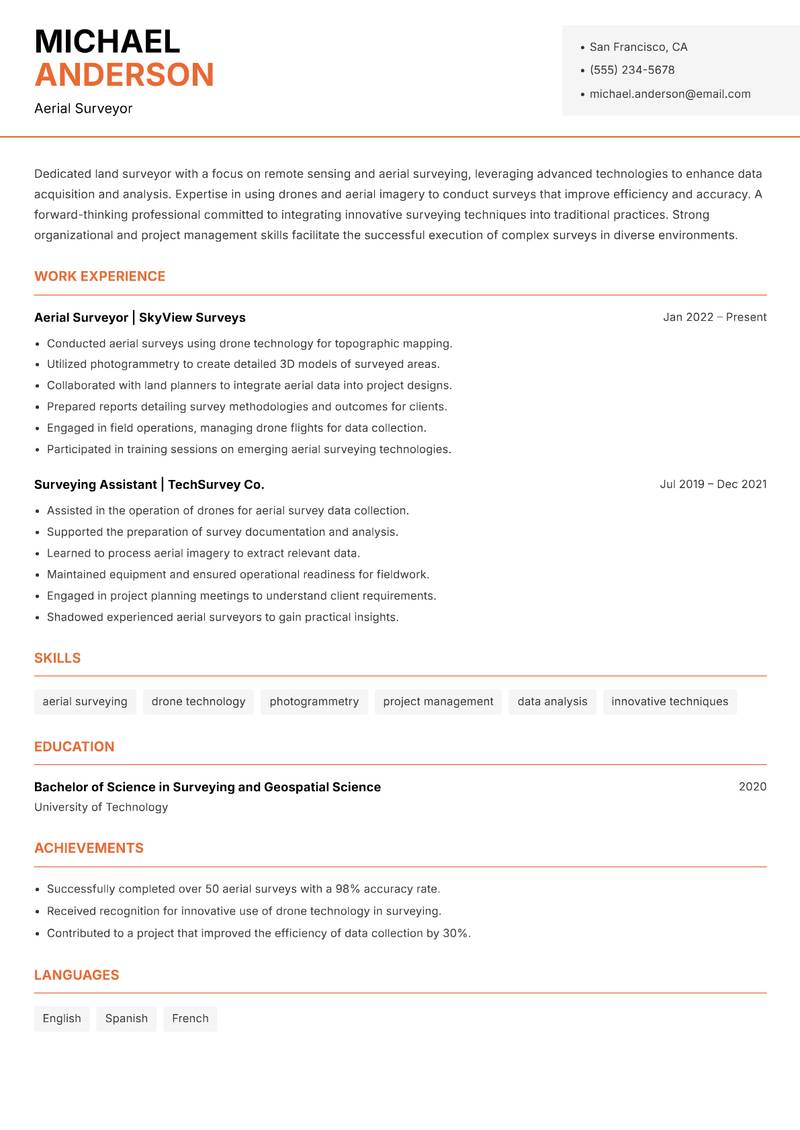 Land Surveyor resume sample — Aerial Surveyor focus