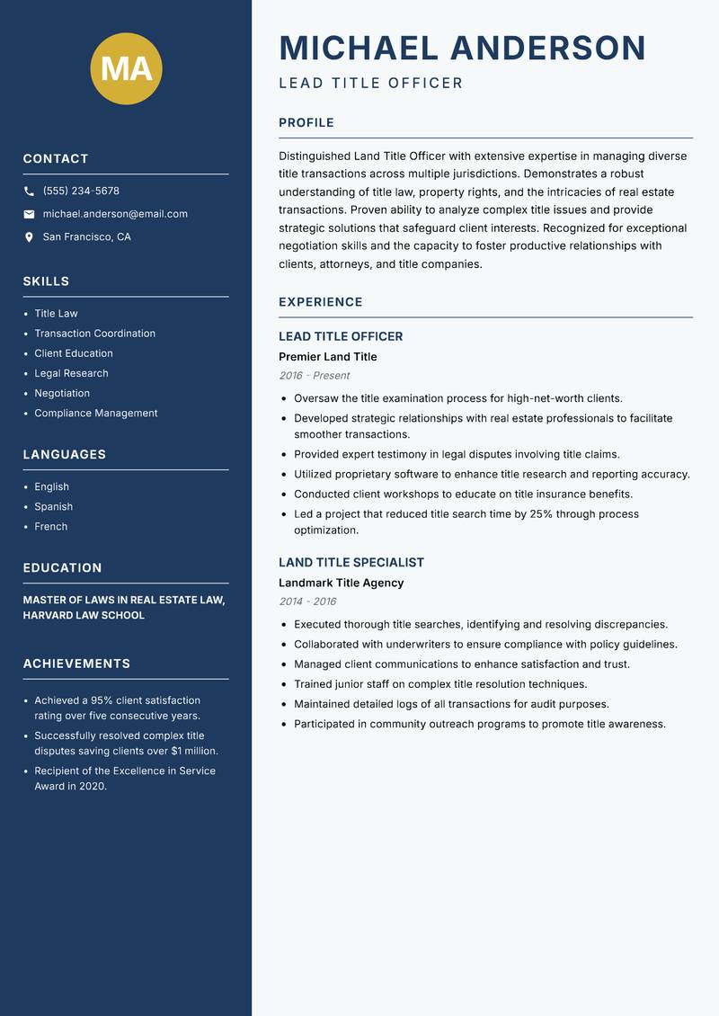 Land Title Officer resume sample — Lead Title Officer focus