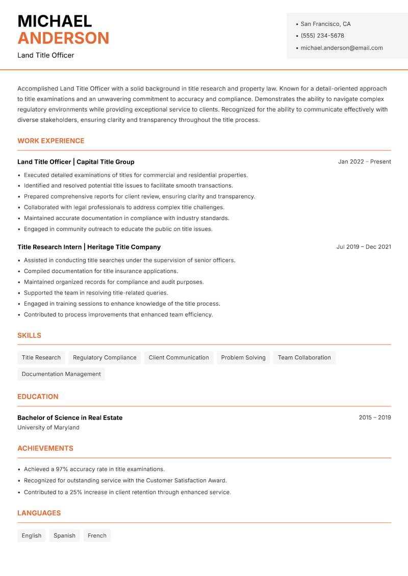 Land Title Officer resume sample — Land Title Officer focus