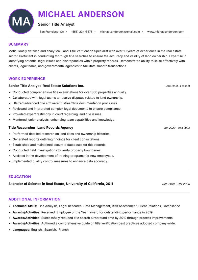 Land Title Verification Specialist resume example