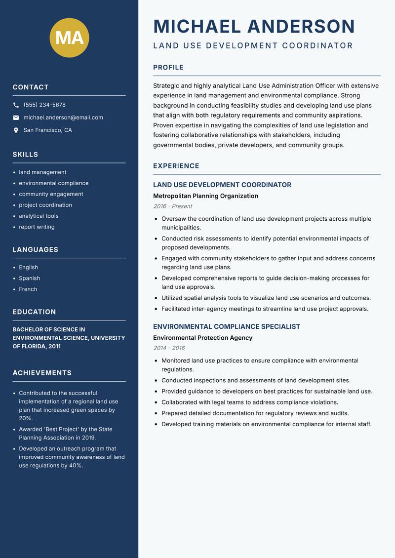 Land Use Administration Officer resume sample — Land Use Development Coordinator focus