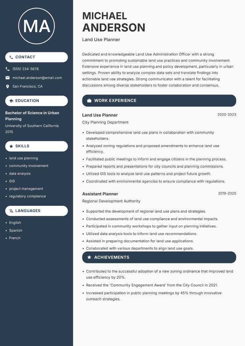 Land Use Administration Officer resume sample — Land Use Planner focus