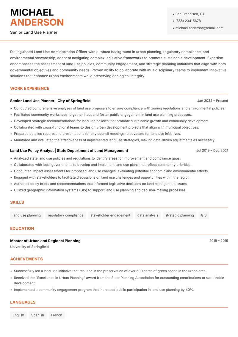 Land Use Administration Officer resume sample — Senior Land Use Planner focus