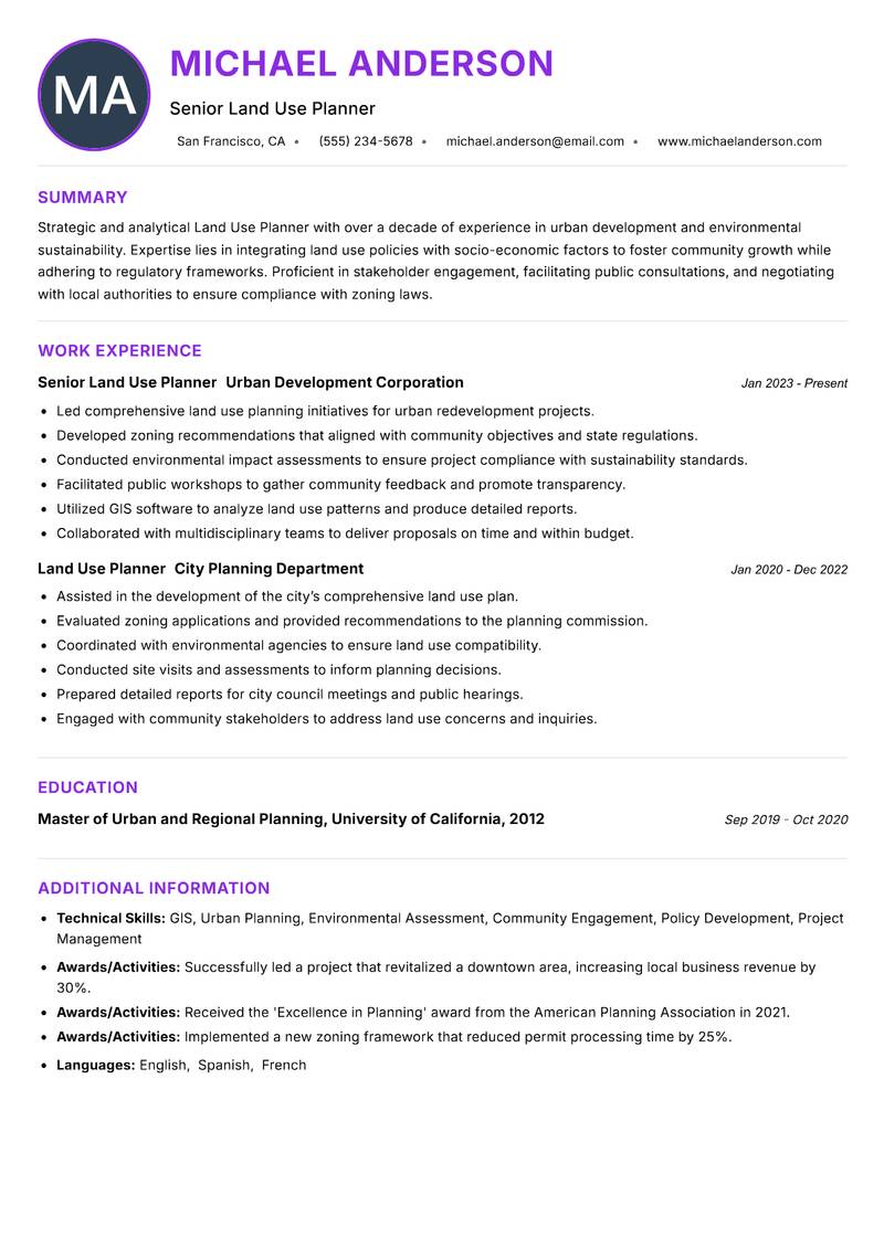 Land Use Planner resume example